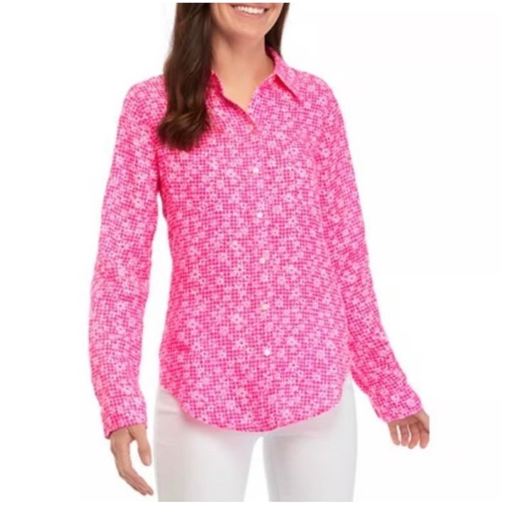 Lilly Pulitzer Sea View 100%‎ LINEN Button Down Top Size XS Pink Gingham Floral - Picture 3 of 13